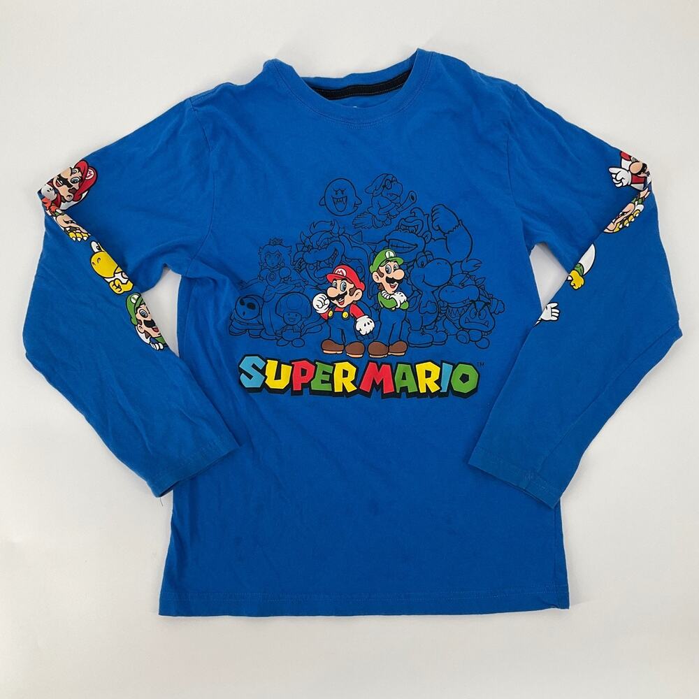 Super Mario Long Sleeve Shirt Boys 10/12 Blue Graphic Characters Nintendo Tee